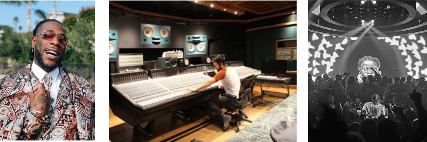 Collage of music creation, recording and live performance.